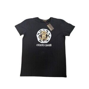 NWT ROBERTO CAVALLI uomo Large men's black t-shirt tee gold silver logo RC